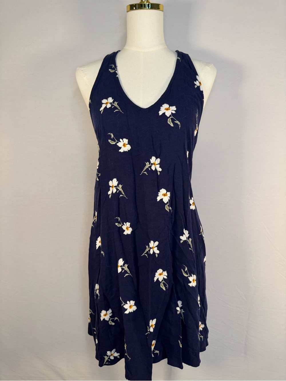 Flowy Navy Blue Floral Mini High Neck Dress XL